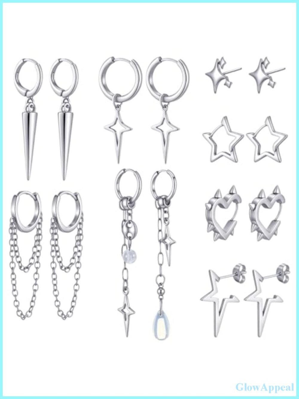 8 Pairs Y2K Dangle Hoop Earrings Set Punk Gothic Studs Alloy